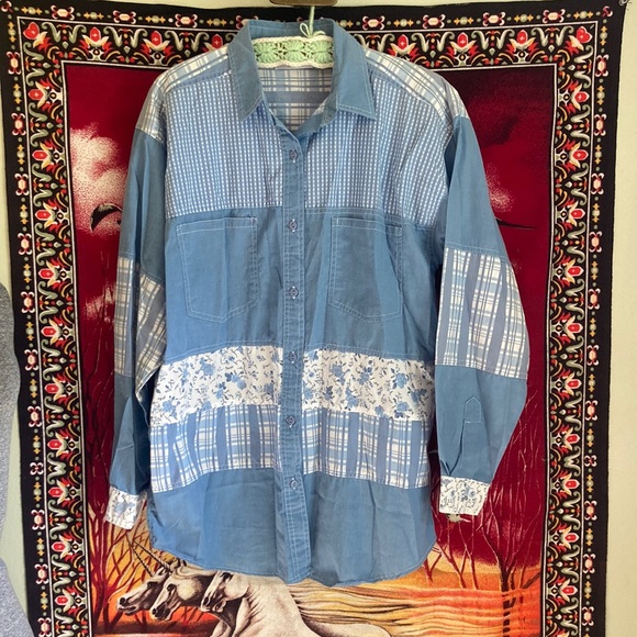 Vintage Tops - vintage 90s pennylane patchwork denim long sleeve button down shirt top